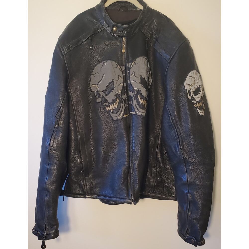 Leather Motorcycle Racing Jacket with Armour and Reflective Skull Designs 3XL